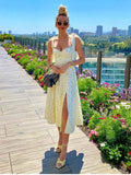 Yeknu Dress Women Sexy Side Split Floral Ladies Dress Yellow Printn Summer Sleeveless Tie Up Bow Strap Elegant Midi Dresses Casual
