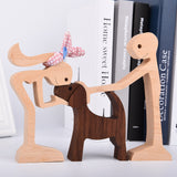 Yeknu Family Puppy Wood Dog Craft Figurine Desktop Table Ornament Carving Model Home Office Decoration Pet Sculpture for Dog Lovers