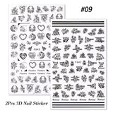 Yeknu 2PCS/SET 3D Nail Sticker Heart Geometry Pattern Character Face Image Leaves Flower Black White DIY Nail Art Decoration
