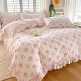 Yeknu Pink Color Duvet Cover with Ruffles 100%Cotton Flower Printed housse de couette for Girls Pure Cotton Bed Cover King