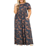 Yeknu  dress women summer large size short sleeve print wear-resistant long dress plus size fat MM women clothing maxi dress