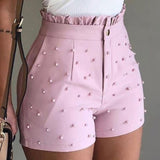 Yeknu Women Summer High Waist Shorts Ladies Beading Ruffle Casual Shorts Pantalones Cortos De Mujer