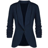 Yeknu Office Lady Blazers Coat Solid Long Sleeves Cardigan Button Casual Suit Navy Blue Draped Slim Cotton Women Blazer Jacket