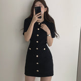 Yeknu Button Knitted Dress Bodycon Mini Vestido Curto Korean Summer Sexy Party Elegant Black Black Moda Feminina Ropa Mujer Robes