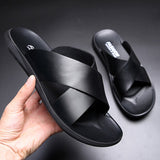 Yeknu Fashion Men's Real Leather Slippers Summer New Crossing Slides Men's Leisure Comfort Flat Sandals