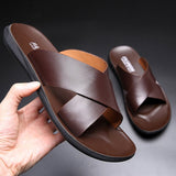 Yeknu Fashion Men's Real Leather Slippers Summer New Crossing Slides Men's Leisure Comfort Flat Sandals