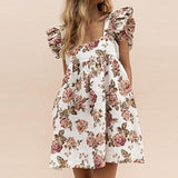 Yeknu Elegant Butterfly Sleeve Ruffle Mini Dress Casual Square Collar Print Party Dress Women Summer Loose Pocket Beach Dress Vestidos
