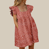 Yeknu Elegant Butterfly Sleeve Ruffle Mini Dress Casual Square Collar Print Party Dress Women Summer Loose Pocket Beach Dress Vestidos