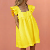 Yeknu Elegant Butterfly Sleeve Ruffle Mini Dress Casual Square Collar Print Party Dress Women Summer Loose Pocket Beach Dress Vestidos