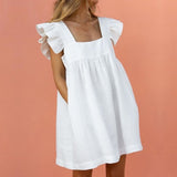 Yeknu Elegant Butterfly Sleeve Ruffle Mini Dress Casual Square Collar Print Party Dress Women Summer Loose Pocket Beach Dress Vestidos