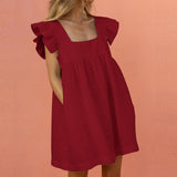 Yeknu Elegant Butterfly Sleeve Ruffle Mini Dress Casual Square Collar Print Party Dress Women Summer Loose Pocket Beach Dress Vestidos