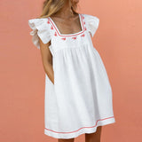 Yeknu Elegant Butterfly Sleeve Ruffle Mini Dress Casual Square Collar Print Party Dress Women Summer Loose Pocket Beach Dress Vestidos