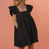 Yeknu Elegant Butterfly Sleeve Ruffle Mini Dress Casual Square Collar Print Party Dress Women Summer Loose Pocket Beach Dress Vestidos