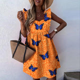 Yeknu Elegant Butterfly Sleeve Ruffle Mini Dress Casual Square Collar Print Party Dress Women Summer Loose Pocket Beach Dress Vestidos