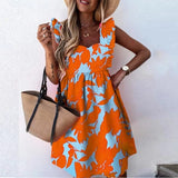 Yeknu Elegant Butterfly Sleeve Ruffle Mini Dress Casual Square Collar Print Party Dress Women Summer Loose Pocket Beach Dress Vestidos