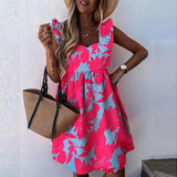 Yeknu Elegant Butterfly Sleeve Ruffle Mini Dress Casual Square Collar Print Party Dress Women Summer Loose Pocket Beach Dress Vestidos