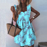 Yeknu Elegant Butterfly Sleeve Ruffle Mini Dress Casual Square Collar Print Party Dress Women Summer Loose Pocket Beach Dress Vestidos