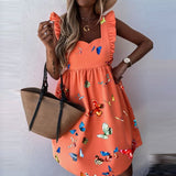 Yeknu Elegant Butterfly Sleeve Ruffle Mini Dress Casual Square Collar Print Party Dress Women Summer Loose Pocket Beach Dress Vestidos