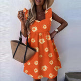 Yeknu Elegant Butterfly Sleeve Ruffle Mini Dress Casual Square Collar Print Party Dress Women Summer Loose Pocket Beach Dress Vestidos