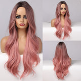 Yeknu  Long Wavy Synthetic Wigs Ombre Black Pink Wigs for Women Cosplay Natural Middle Part Hair Wig High Temperature Fiber