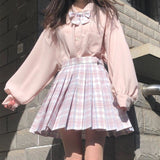 Yeknu Blouses Women Solid Single Breasted Lantern Sleeve JK Sweet Girl Loose Popular Simple Harajuku Japaneses Style Shirts Casual New