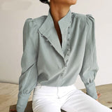 Yeknu Elegant Turtleneck Blouse Long Sleeve White Shirt Office Ladies Top Casual Solid Single-Breasted Puff Sleeve Womens Blouses
