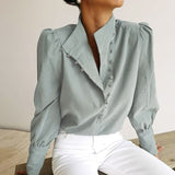 Yeknu Elegant Turtleneck Blouse Long Sleeve White Shirt Office Ladies Top Casual Solid Single-Breasted Puff Sleeve Womens Blouses