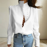 Yeknu Elegant Turtleneck Blouse Long Sleeve White Shirt Office Ladies Top Casual Solid Single-Breasted Puff Sleeve Womens Blouses