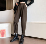 Yeknu Autumn Winter Women's Pants Casual Streetwear Loose High Waist Harem Pants Female Solid Woolen Black Brown Trousers Thin Legs