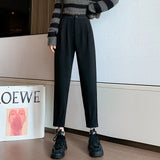 Yeknu Autumn Winter Women's Pants Casual Streetwear Loose High Waist Harem Pants Female Solid Woolen Black Brown Trousers Thin Legs