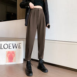 Yeknu Autumn Winter Women's Pants Casual Streetwear Loose High Waist Harem Pants Female Solid Woolen Black Brown Trousers Thin Legs
