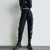 Yeknu Streetwear Cargo Pants Women Casual Joggers Black High Waist Loose Female Trousers Korean Style Ribbon Ladies Pants