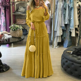 Yeknu Fashion Off Shoulder Vestidos Female Lace Up Belted Dresses Beach Holiday Ruffle Robe Womens Bohemian Long Maxi Dress