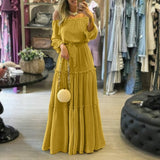 Yeknu Fashion Off Shoulder Vestidos Female Lace Up Belted Dresses Beach Holiday Ruffle Robe Womens Bohemian Long Maxi Dress