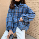 Yeknu Blouses Shirts Women Plaid All-match Harajuku Casual Loose Large Size 3XL Streetwear Preppy Batwing-sleeve Womens Outwear 4color