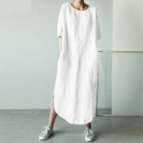 Yeknu Women O Neck Short Sleeve Sundress Summer Solid Cotton Linen Dress Split Long Vestido Female Robe Casual Party Dress