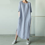 Yeknu Women O Neck Short Sleeve Sundress Summer Solid Cotton Linen Dress Split Long Vestido Female Robe Casual Party Dress