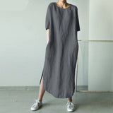 Yeknu Women O Neck Short Sleeve Sundress Summer Solid Cotton Linen Dress Split Long Vestido Female Robe Casual Party Dress