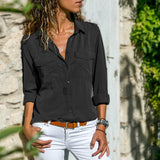 Yeknu Spring Summer Casual Blouse Women Top And Blouse Women Shirt Long Sleeve Button Pocket Black Solid Turn-down Collar Shirt