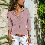 Yeknu Spring Summer Casual Blouse Women Top And Blouse Women Shirt Long Sleeve Button Pocket Black Solid Turn-down Collar Shirt