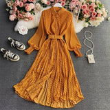 Yeknu Spring And Summer French Vintage Maxi Dress Sundress Ladies Long Sleeve Orange Polka Dot Chiffon Pleated Dresses Femme Robe
