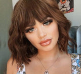 Yeknu Short Brown Wig Synthetic Wigs with Bangs for Women Purple Water Wave Natural Bob Wigs Heat Resistant False Hair