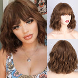 Yeknu Short Brown Wig Synthetic Wigs with Bangs for Women Purple Water Wave Natural Bob Wigs Heat Resistant False Hair