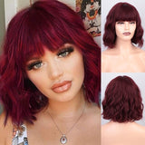 Yeknu Short Brown Wig Synthetic Wigs with Bangs for Women Purple Water Wave Natural Bob Wigs Heat Resistant False Hair