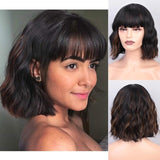 Yeknu Short Brown Wig Synthetic Wigs with Bangs for Women Purple Water Wave Natural Bob Wigs Heat Resistant False Hair