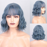 Yeknu Short Brown Wig Synthetic Wigs with Bangs for Women Purple Water Wave Natural Bob Wigs Heat Resistant False Hair
