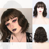 Yeknu Short Brown Wig Synthetic Wigs with Bangs for Women Purple Water Wave Natural Bob Wigs Heat Resistant False Hair