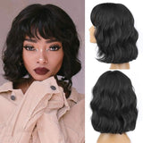Yeknu Short Brown Wig Synthetic Wigs with Bangs for Women Purple Water Wave Natural Bob Wigs Heat Resistant False Hair