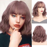 Yeknu Short Brown Wig Synthetic Wigs with Bangs for Women Purple Water Wave Natural Bob Wigs Heat Resistant False Hair