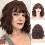 Yeknu Short Brown Wig Synthetic Wigs with Bangs for Women Purple Water Wave Natural Bob Wigs Heat Resistant False Hair